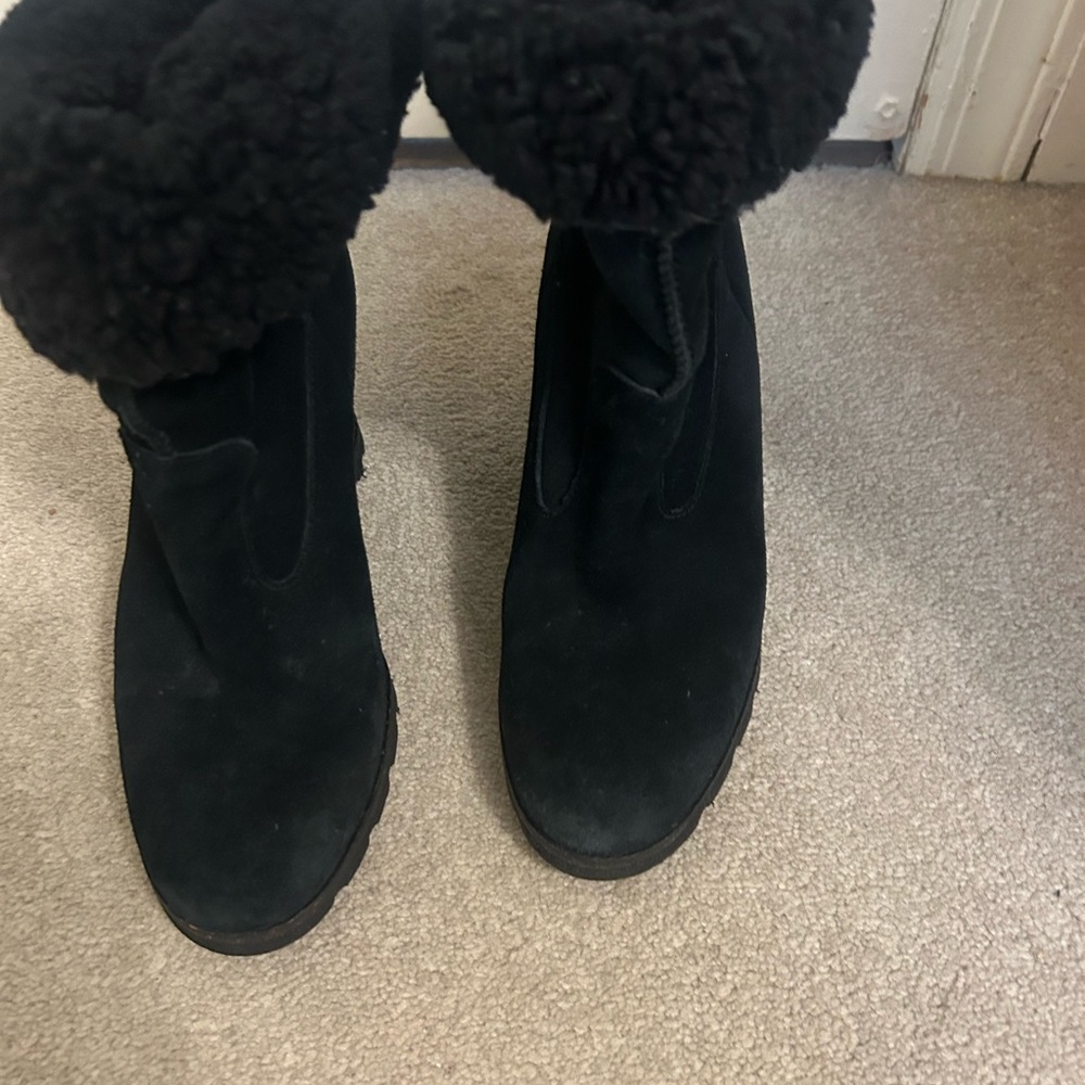 UGG Kyra Wedge Boots - Women's Black Suede with foldover shearling
